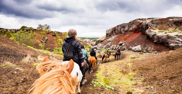 Riders on sturdy Icelandic horses crossing a dark lava landscape