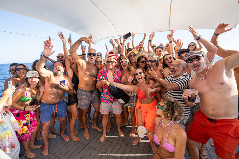Ibiza: Formentera Sunset Boat Part with Drinks and Food Full Day Pass at Ibiza Boat Club (Early Bird Phase 2)