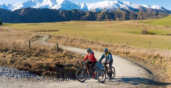 Cyclists crossing a footbridge beside autumn trees on the route between Arrowtown and Queenstown