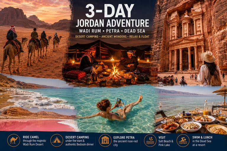 3-Day Wadi Rum Camping in Desert, Petra & Dead Sea Adventure 3-Day Wadi Rum Desert Camping, Petra & Dead Sea Adventure