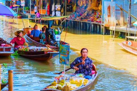 Desde Bangkok: Tour de un día completo por los Mercados Flotantes y del Tren de DamneonTour privado con guía-conductor-conocedor y 1 h de paseo en barco