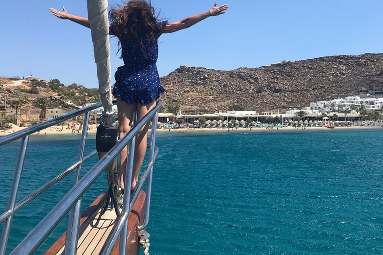 Mykonos : Croisière au coucher du soleil vers Rhenia, safari sur la plage, dînerCroisière sans transfert