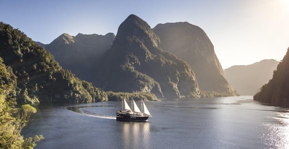 A small vessel crossing dark water between forested mountains in Doubtful Sound