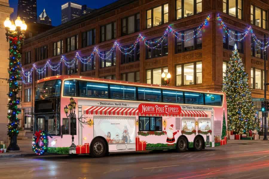 Weihnachts-Lichterfahrt in Chicago: BYOB im Doppeldeckerbus. Foto: GetYourGuide Weihnachts-Lichterfahrt in Chicago: BYOB im Doppeldeckerbus. Foto: GetYourGuide