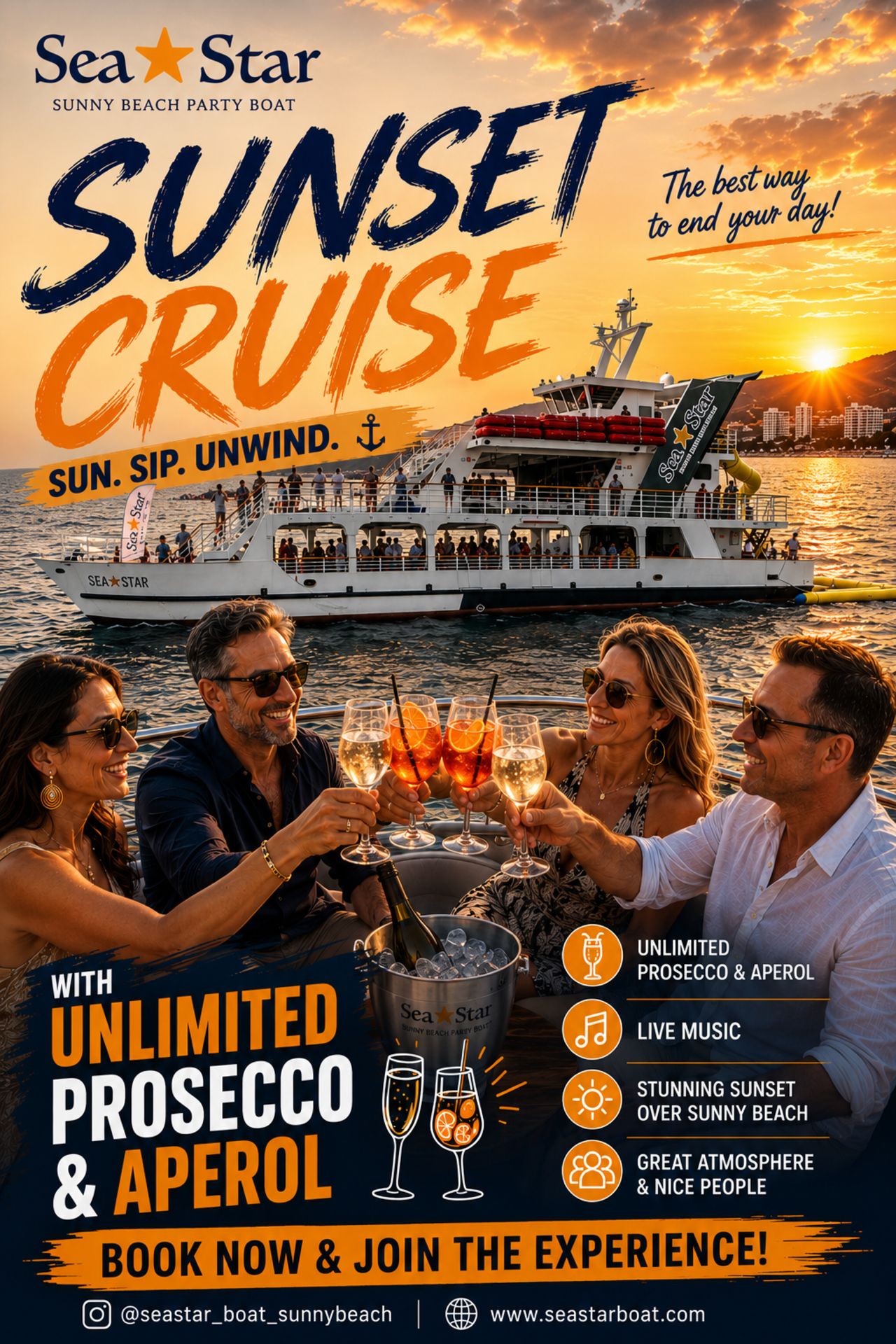 Sunny Beach: Sonnenuntergang, Boot, Aperol, Prosecco, Live-Musik