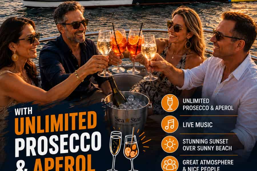 Sunny Beach: Sonnenuntergang, Boot, Aperol, Prosecco, Live-Musik. Foto: GetYourGuide Sunny Beach: Sonnenuntergang, Boot, Aperol, Prosecco, Live-Musik. Foto: GetYourGuide