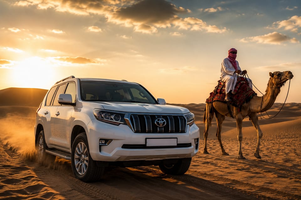 A white four-wheel-drive parked on a dune crest at sunset with dust around its wheels, a man in a headscarf sitting on a saddled camel to the right