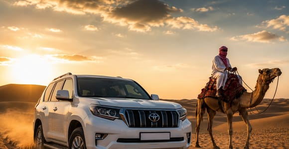 A white four-wheel-drive parked on a dune crest at sunset with dust around its wheels, a man in a headscarf sitting on a saddled camel to the right