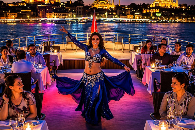 Istanbul: Europe & Asia Night Cruise with Dinner & Shows VIP Lounge, VIP Menu, Soft Drinks & Hotel Transfer