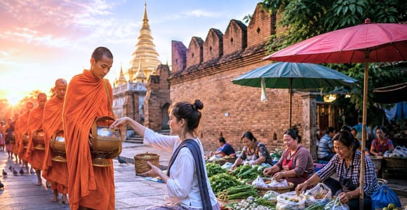 Chiang Mai Sunrise Almsgiving & Local Morning Market Walk