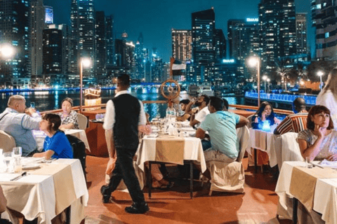 Dubai: Dhow Cruise Dinner at Creek, Marina with Upper deckMarina Cruise + Dinner + Live Shows (Sharing transfer)