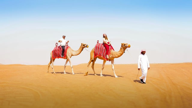 Dubai: Paseo en camello por el desierto con espectáculos en directo y cena bufé con barbacoa