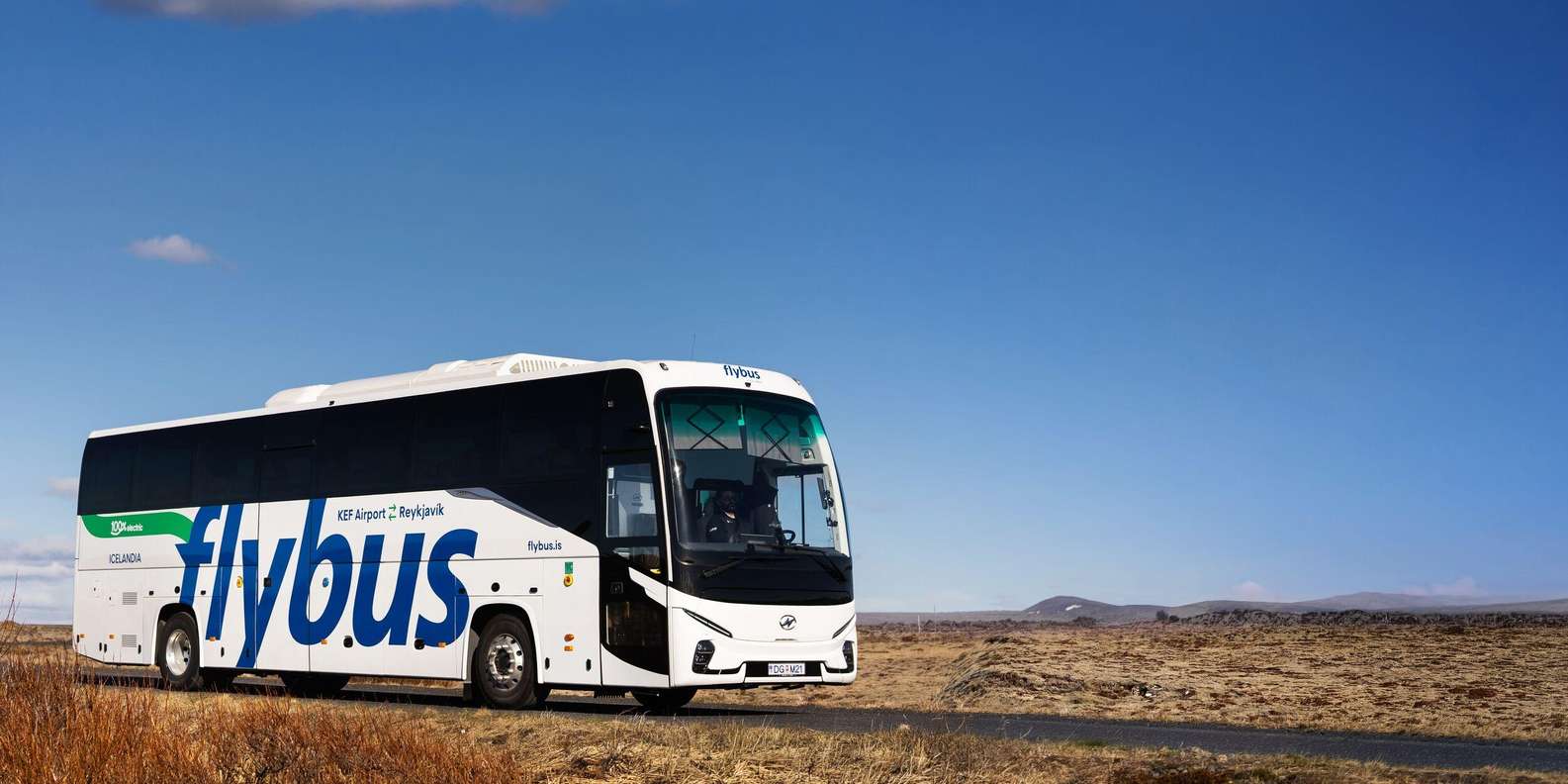 Airport transfer coach on the road between Keflavik and Reykjavik