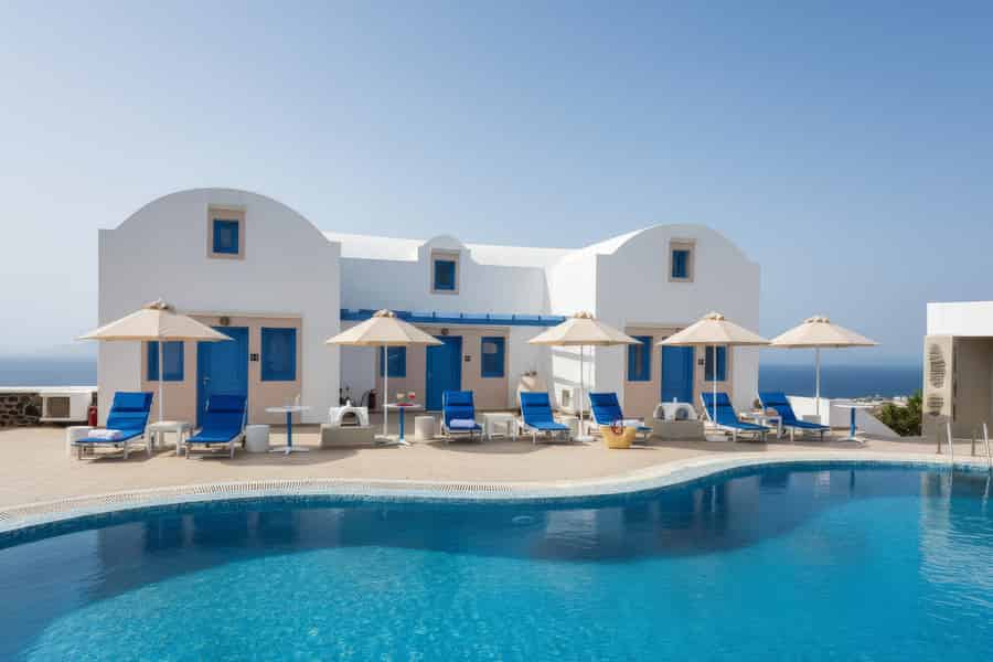 Pool-Tagespass mit Bar-Gutschein in der Nähe von Saint George in Oia. Foto: GetYourGuide