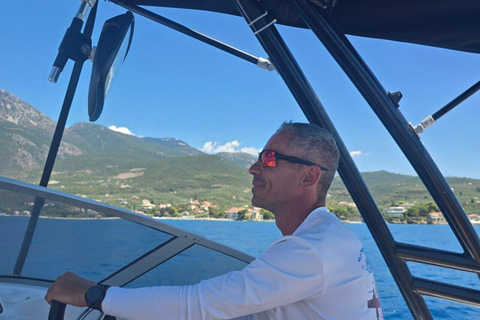 Messinia: Private Boat Trip with Snorkeling and Snacks Private 4 hour cruise • Swim, explore & enjoy local flavors