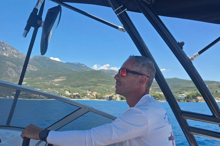 Messinia: Private Boat Trip with Snorkeling and Snacks Private 4 hour cruise • Swim, explore & enjoy local flavors