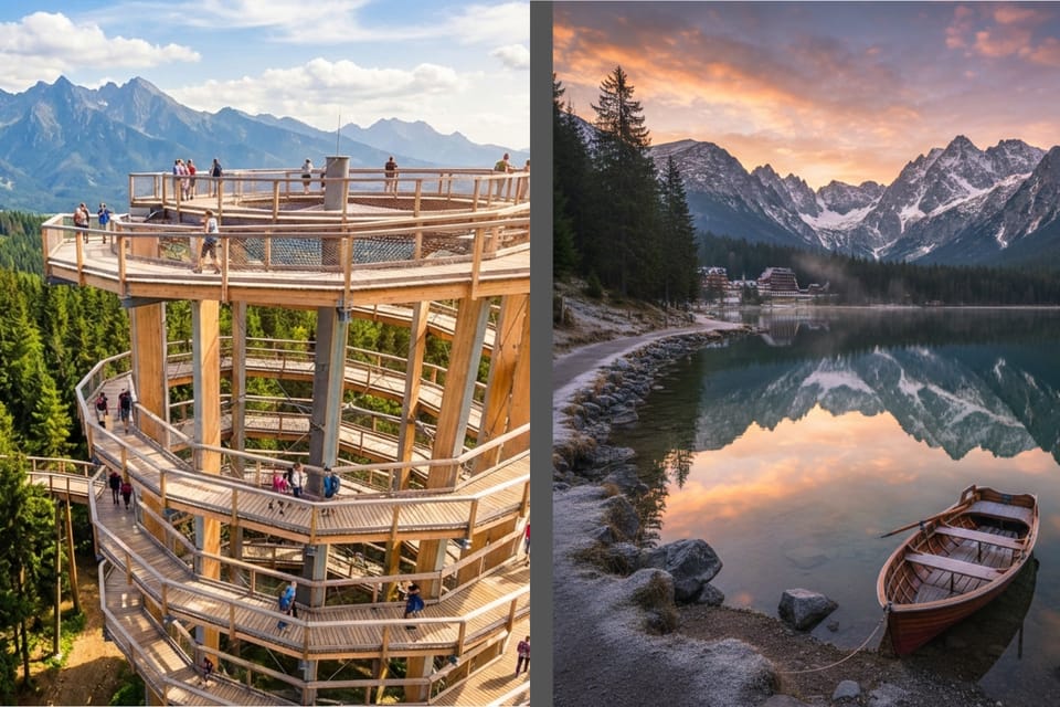 Elevated wooden walkway curving above a dense spruce forest towards pale Tatra peaks