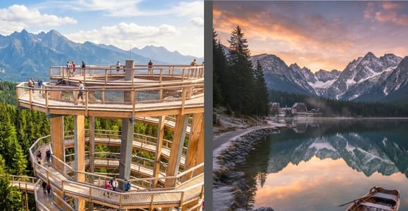 Elevated wooden walkway curving above a dense spruce forest towards pale Tatra peaks