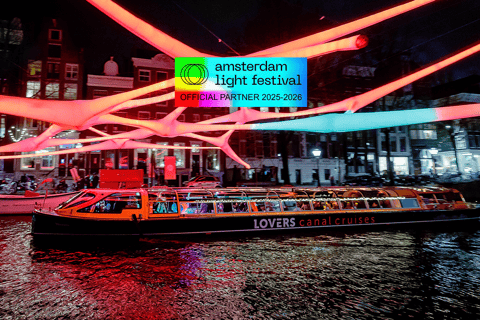 Amsterdam Light Festival Warm Boat Cruise + Optional Drinks Light Festival Canal Cruise from Central Station