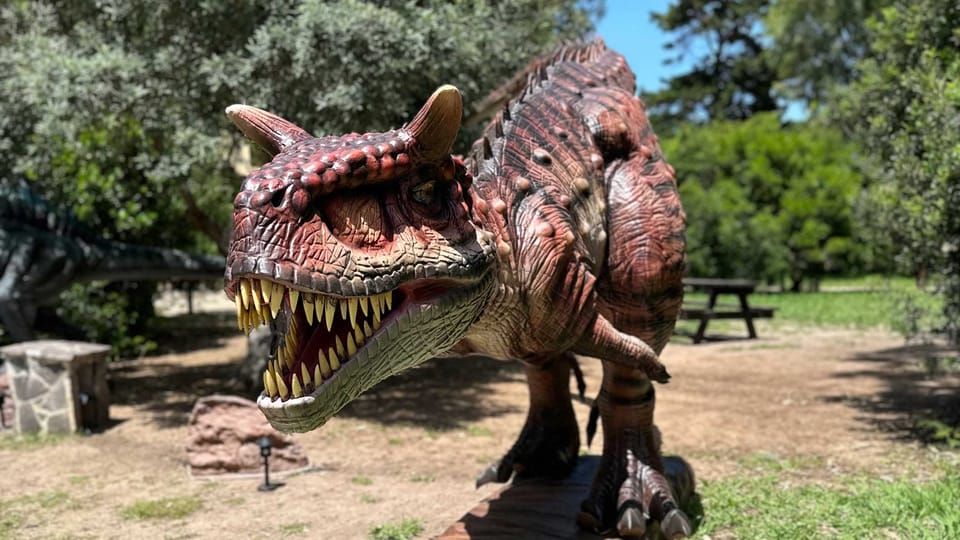 Un modelo a tamaño real de un dinosaurio marrón rojizo con cuernos y las fauces abiertas, en un camino entre árboles de un parque