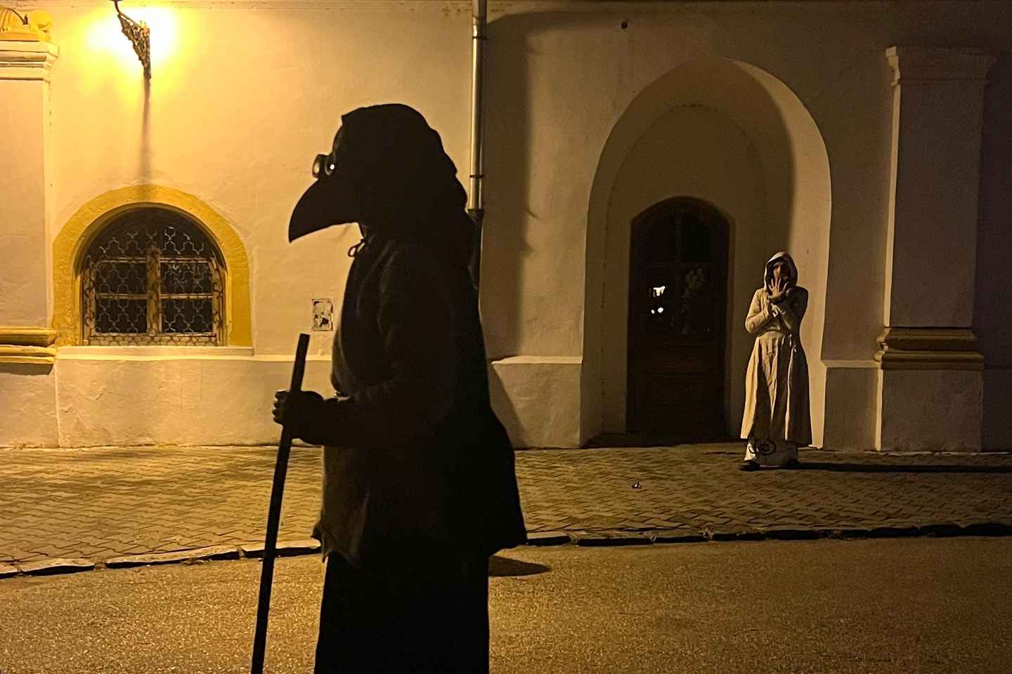 探索神秘夜幕：跟随瘟疫医生的怪诞巡游

- 关键词: 夜幕, 瘟疫医生, 怪诞巡游, 神秘
- 标题吸引力: 
  - 神秘感: 强调夜幕的神秘氛围，吸引对未知充满好奇的游客。
  - 角色魅力: 瘟疫医生形象自带历史感和神秘感，吸引对历史和文化感兴趣的游客。
  - 活动独特性: 使用"怪诞巡游"描绘出独一无二的体验。

在这个标题下，游客可以期待一种既令人毛骨悚然又充满乐趣的旅行体验，激发他们的好奇心以及探索欲望。