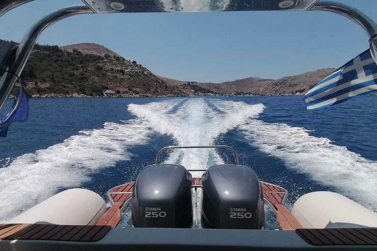 Do porto de Faliraki: Passeio de lancha rápida com mergulho com snorkel e cavernas