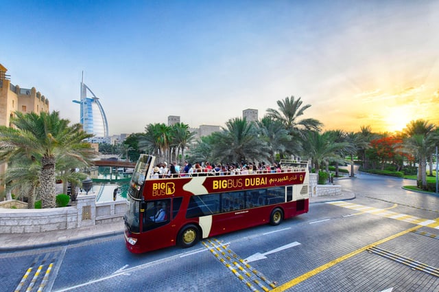 Dubai: Tour con paradas libres en autobús grande y crucero en dhow