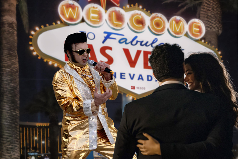 Las Vegas: Gold Elvis Vow Renewal or Wedding at Welcome Sign Sweet & Basic Vow Renewal, No Guests or Photographer