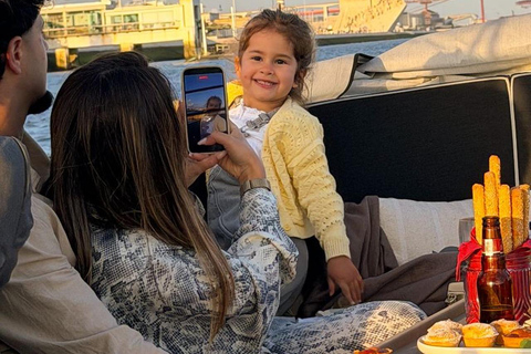 Lisbon Sunset Luxury Boat Vibes with Drinks & Pizza Lisbon Luxury Cozy Cruise with Drinks & Pizza
