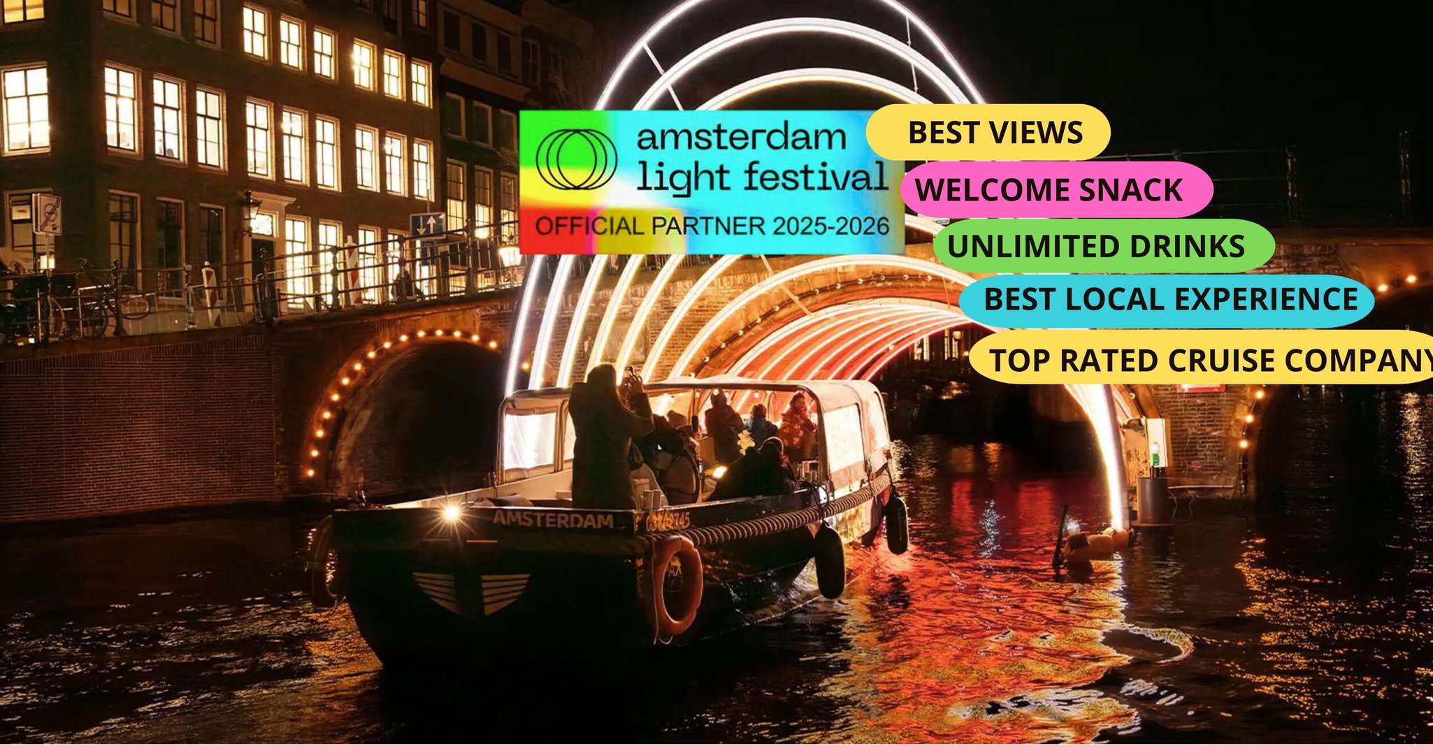 Amsterdam: Light Festival Boat+Unlimit.Drinks & Snack Option