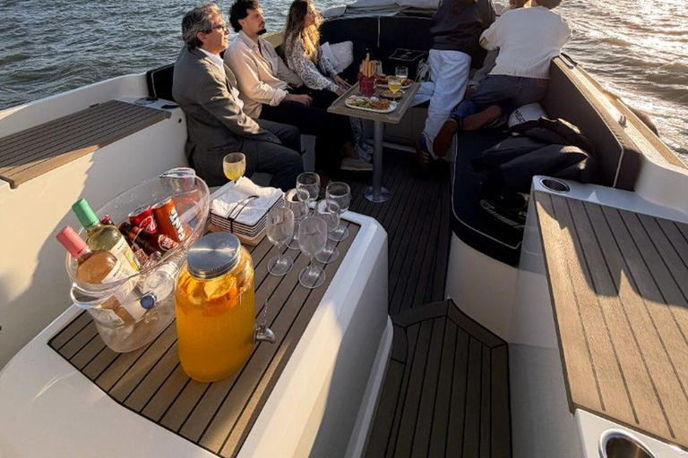 Lisbon Sunset Luxury Boat Vibes with Drinks & Pizza Lisbon Luxury Cozy Cruise with Drinks & Pizza