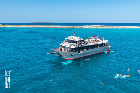Ibiza: Formentera Sunset Boat Part with Drinks and Food Full Day Pass at Ibiza Boat Club (Early Bird Phase 2)