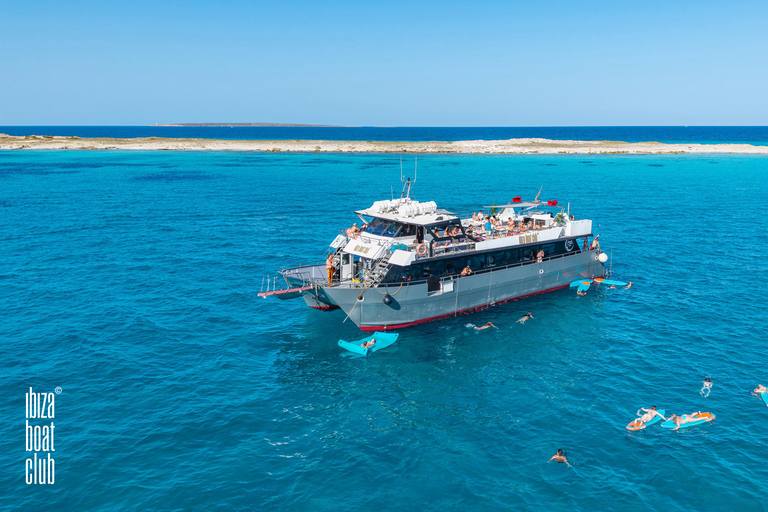 Ibiza: Formentera Sunset Boat Part with Drinks and Food Full Day Pass at Ibiza Boat Club (Early Bird Phase 2)