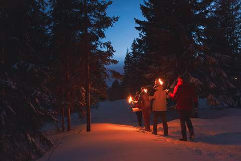 Oslo - snöig skog Fackelpromenad i snöig skog med lägereld