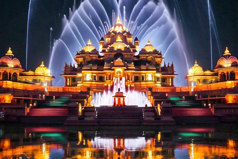 New Delhi: Akshardham-utställningen. Rundtur med vatten- och ljusshow