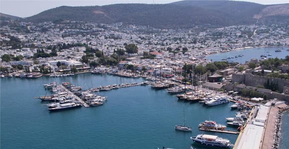The medieval Castle of St Peter on a rocky headland above the harbour of Bodrum