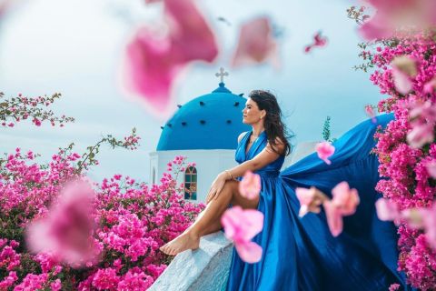 Oia or Imerovigli: Santorini Flying Dress Photoshoot