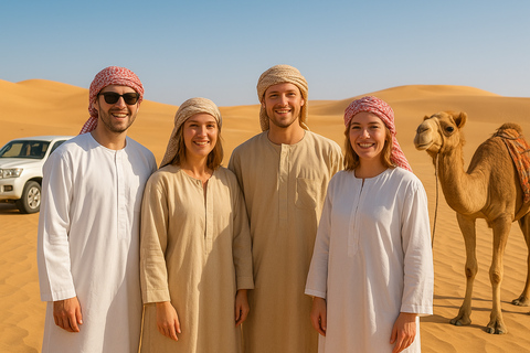 Doha: Arabic Costume, Desert Safari, Sandboarding & More Group Tour with Camel Ride in traditional Arabic Costume
