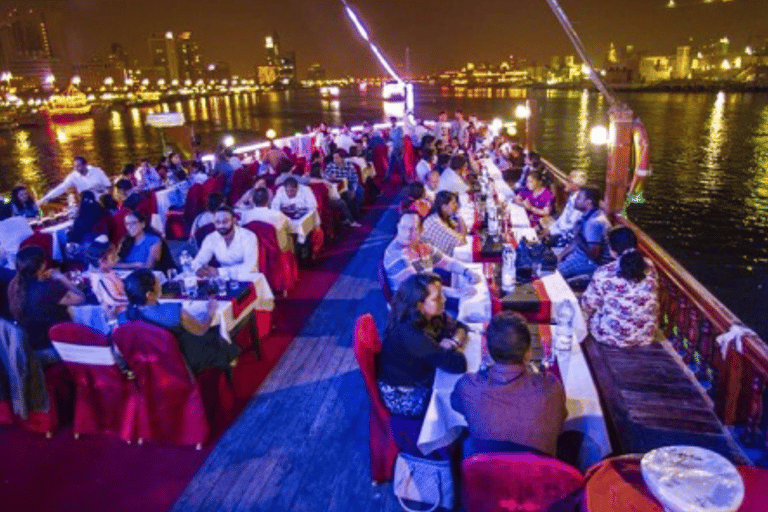 Dubai: Dhow Cruise Dinner at Creek, Marina with Upper deckMarina Cruise + Dinner + Live Shows (Sharing transfer)