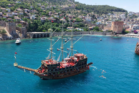 Alanya: Pirate Ship Cruise with Daytime or Sunset Option Sunset Pirate Ship Cruise with Dinner & Soft Drinks