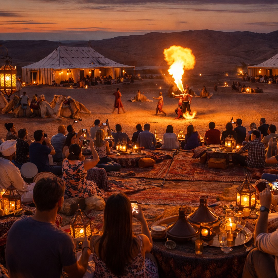 Marrakech : balade à dos de chameau, dîner et spectacle du feu dans le désert d'Agafay