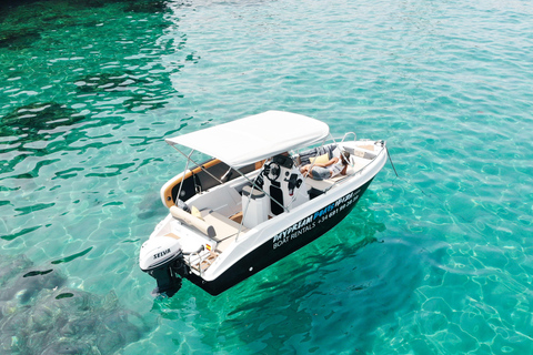 San Antonio: Tour Ibiza by boat. No license required, 6 people. Snorkeling and SUP
