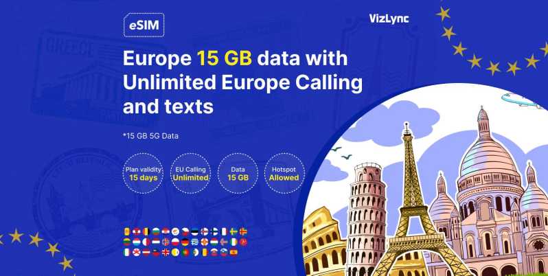 Europa 15 GB di dati con chiamate e SMS illimitati in Europa