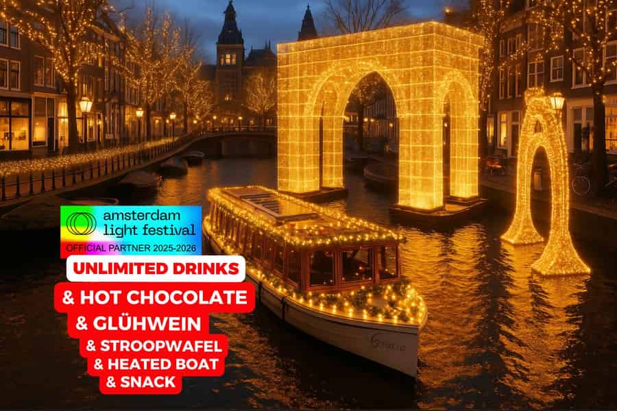 Amsterdam: Beheizte Bootsfahrt zum Lichterfest + unbegrenzte Drinks & Snacks. Foto: GetYourGuide Amsterdam: Beheizte Bootsfahrt zum Lichterfest + unbegrenzte Drinks & Snacks. Foto: GetYourGuide