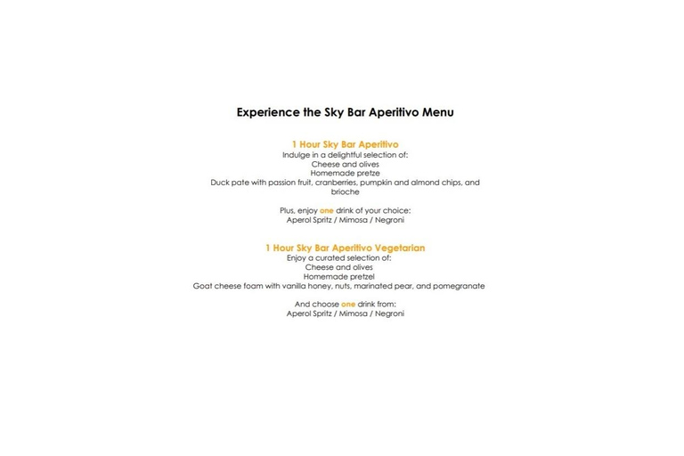 Prague: Sky Bar Aperitivo Menu with Drink & Panoramic Views 1-Hour Option with Aperitivo Menu and 1 Drink