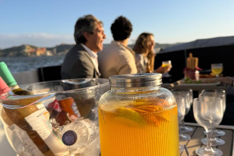 Lisbon Sunset Luxury Boat Vibes with Drinks & Pizza Lisbon Luxury Cozy Cruise with Drinks & Pizza