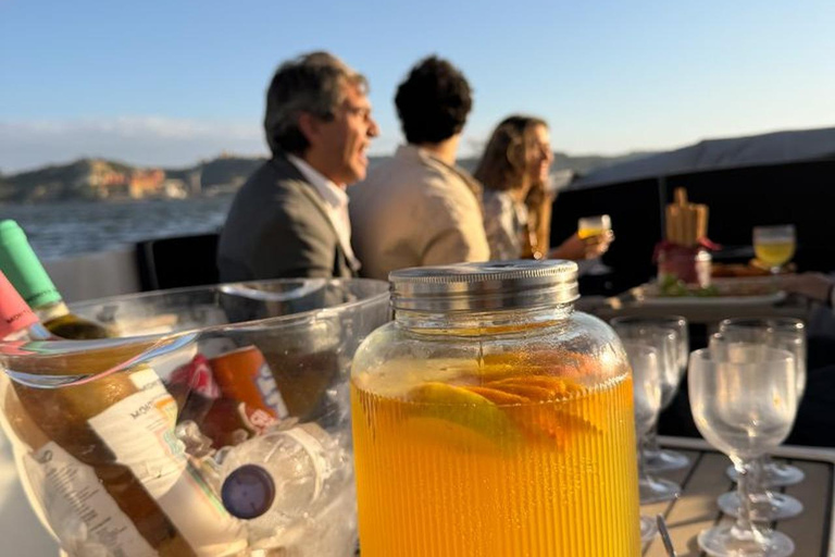 Lisbon Sunset Luxury Boat Vibes with Drinks & Pizza Lisbon Luxury Cozy Cruise with Drinks & Pizza