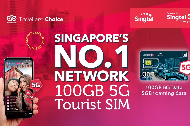 Singapur: turystyczna karta SIM 5G (odbiór z lotniska Changi)15 dolarów, cześć! Karta SIM - Dodatkowe 100 GB (ważna przez 28 dni)
