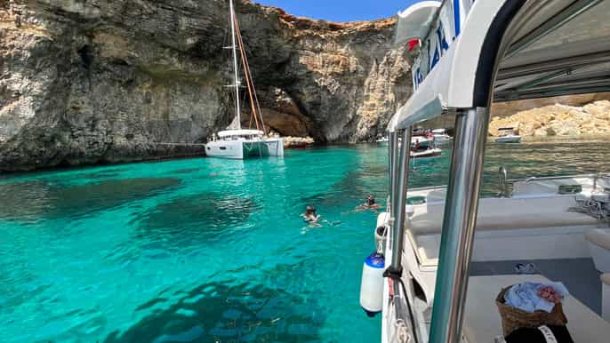 From Gozo: Around Comino, Blue Lagoon, Crystal Lagoon & Caves