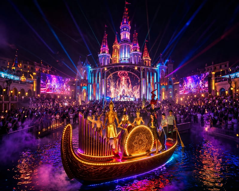 Illuminated fantasy-style towers and a canal reflected in the water at night